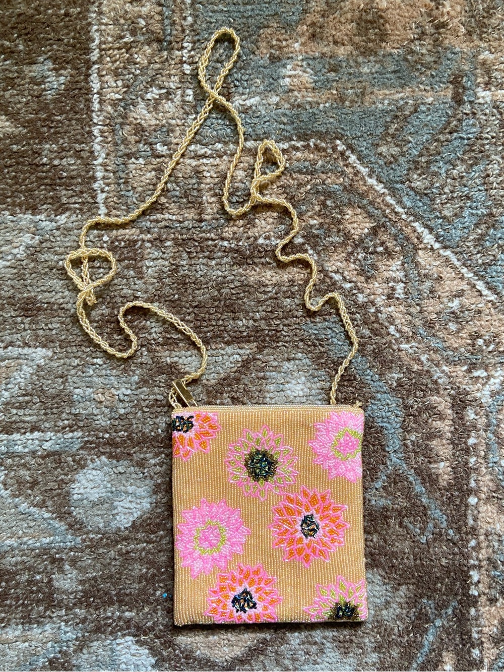Beaded Floral Crossbody Bag in Gold/Yellow and Pink